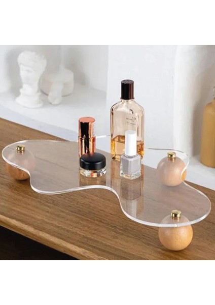 Eğri Pleksi Tepsi Ahşap Top Ayaklı Dekoratif Düzenleyici Stant 37X40CM