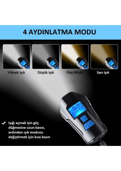 120DB Elektronik Bisiklet Korna & Far | 6 Zil Sesi | 5 Sürüş Modu | LCD Ekranlı Çok Fonksiyonlu Kilometre Saati | USB Şarjlı