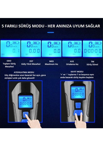 120DB Elektronik Bisiklet Korna & Far | 6 Zil Sesi | 5 Sürüş Modu | LCD Ekranlı Çok Fonksiyonlu Kilometre Saati | USB Şarjlı