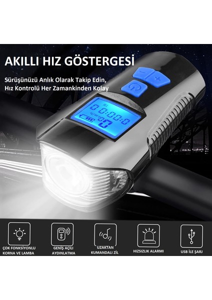 120DB Elektronik Bisiklet Korna & Far | 6 Zil Sesi | 5 Sürüş Modu | LCD Ekranlı Çok Fonksiyonlu Kilometre Saati | USB Şarjlı