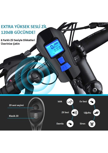 120DB Elektronik Bisiklet Korna & Far | 6 Zil Sesi | 5 Sürüş Modu | LCD Ekranlı Çok Fonksiyonlu Kilometre Saati | USB Şarjlı