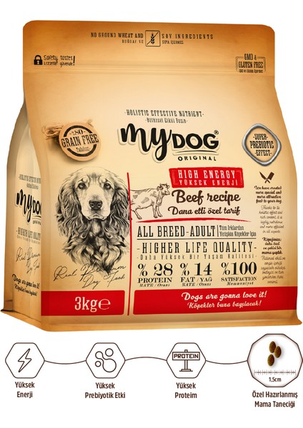 Mydog Orıgınal Az Tahıllı Dana Etli Yüksek Enerji Yetişkin Tüm Irk Köpek Maması 3kg