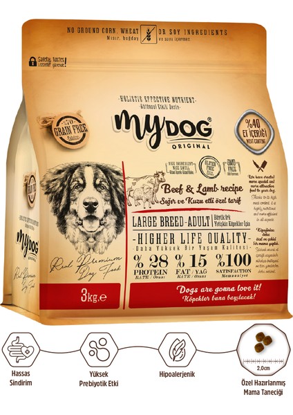 Mydog Orıgınal Az Tahıllı Sığır ve Kuzu Etli Büyük Irk Yetişkin Köpek Maması 3kg