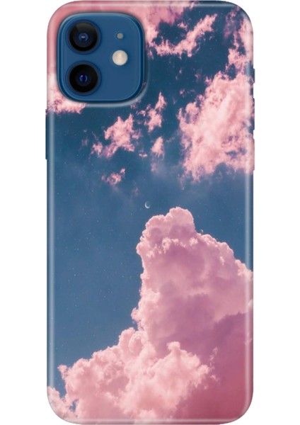Apple iPhone 12 Kılıf Renkli Baskılı Silikon Pembe Bulut