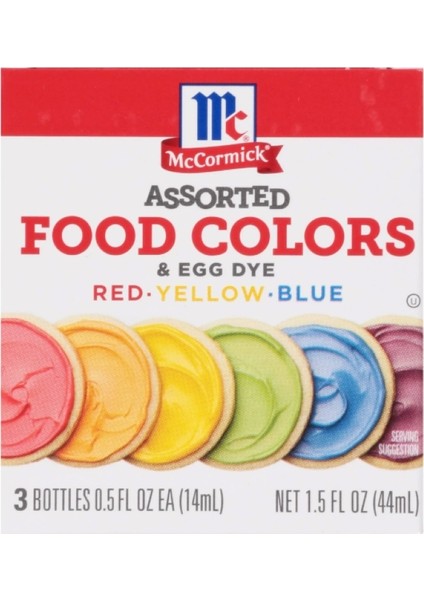 Assorted Food Colors & Egg Dye Red Yellow Blue 3 Bottles 44 ml