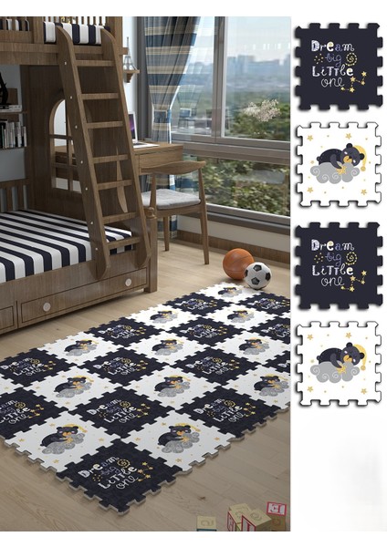 Dijital Baskılı Sevimli Ayıcık Desenli-Yazı Karakterli Çocuk/bebek Odası Yapboz Puzzle Japon Halı.