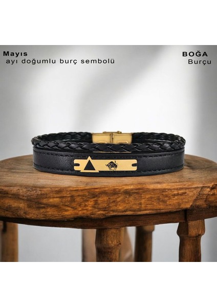 Altın Plakalı 14 Ayar Erkeklere Özel Derili Üçgen Detaylı Dikdörtgen Motifli Burç Bilekliği-390BURÇ-Siyah