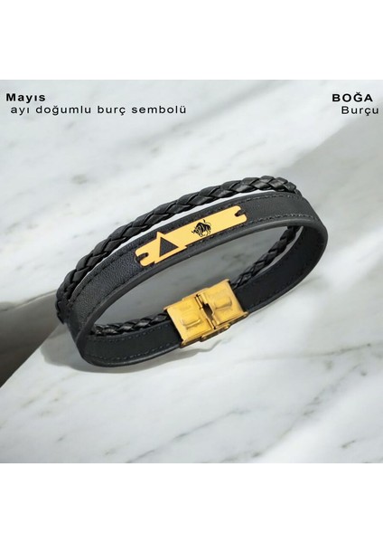 Altın Plakalı 14 Ayar Erkeklere Özel Derili Üçgen Detaylı Dikdörtgen Motifli Burç Bilekliği-390BURÇ-Siyah fiyatları