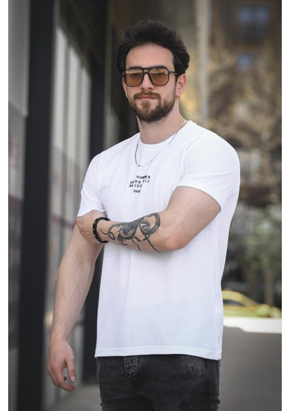 Slow Lives Waffle Kumaş Bisiklet Yaka Baskılı Erkek Tshirt