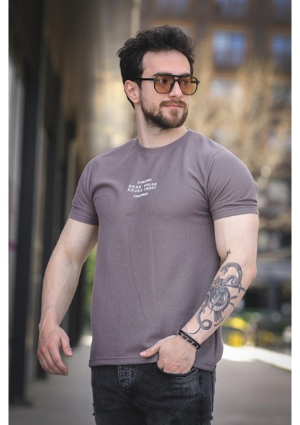 Slow Lives Waffle Kumaş Bisiklet Yaka Baskılı Erkek Tshirt modelleri