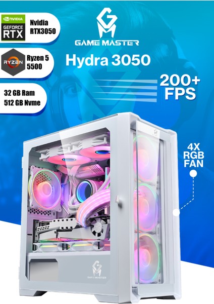 Game Master Hydra 3050 Ryzen 5 5500 Cpu 32GB 3200MHZ Ram 512GB Nvme M.2 SSD RTX3050 6GB Beyaz Gaming Pc
