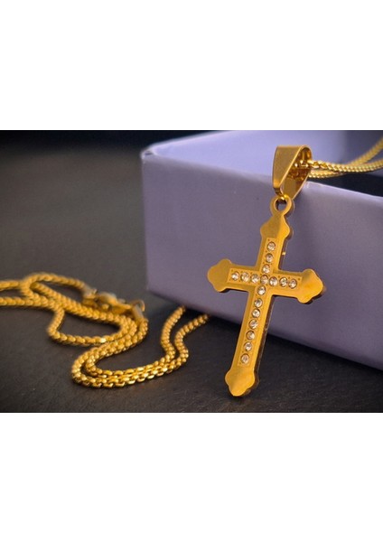 Altın Renk Paslanmaz Çelik Kristal Taşlı Haç Kolye / 60 cm Zincirli