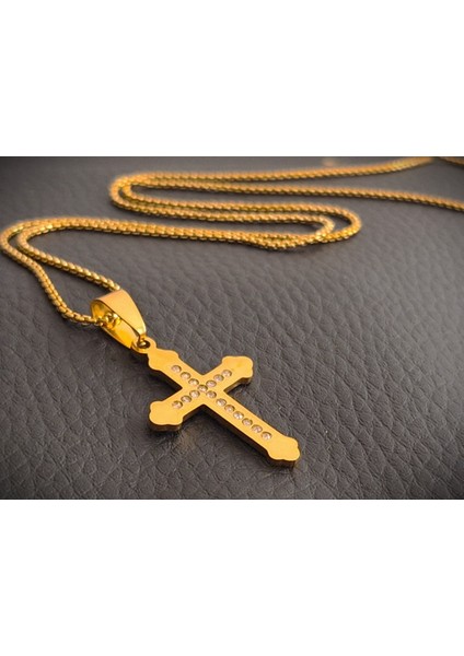 Altın Renk Paslanmaz Çelik Kristal Taşlı Haç Kolye / 60 cm Zincirli fiyatları