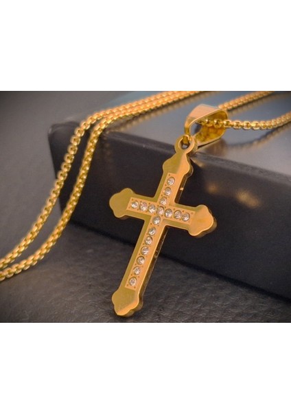 Altın Renk Paslanmaz Çelik Kristal Taşlı Haç Kolye / 60 cm Zincirli modelleri