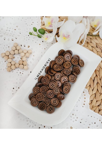 Ahşap Düğme Kahverengi (17MM) 10 Adet