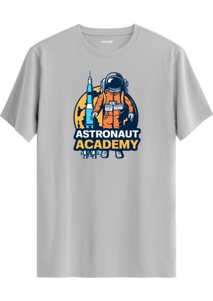 Astronot ve Roket Baskılı Gri Tişört