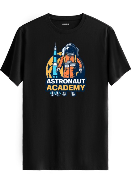 Astronot ve Roket Baskılı Siyah Tişört