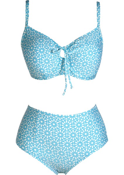 Kadın Balenli Destekli Büyük Beden Açık Mavi Yüksek Bel Bikini Takımı