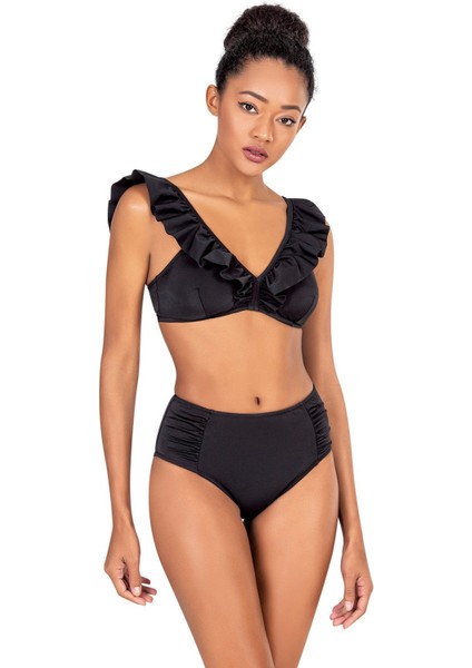 Kadın Yüksek Bel Fırfırlı Siyah Bikini Takımı