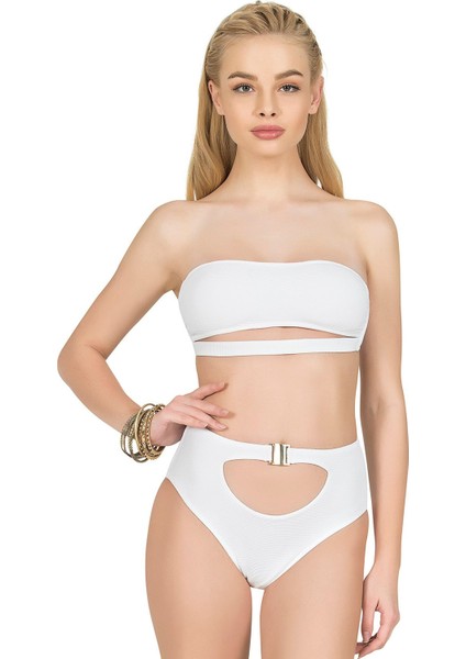 Kadın Yüksek Bel Aksesuarlı Beyaz Bikini Altı