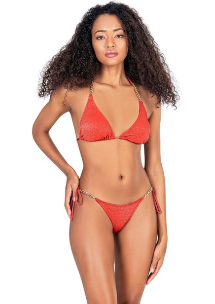 Kadın Zincir Aksesuarlı Üçgen Kırmızı Bikini Takımı