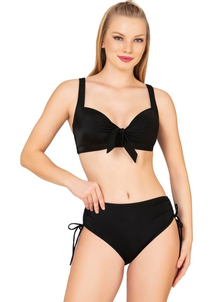 Kadın Fiyonk Detaylı Siyah Büyük Beden Bikini Takımı