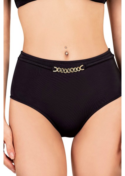 Kadın Zincir Aksesuarlı Siyah Yüksek Bel Bikini Altı