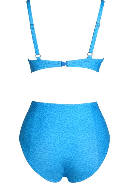 Kadın Balenli Destekli Büyük Beden Mavi Yüksek Bel Bikini Takımı