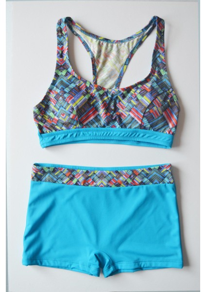 Kadın Desenli Bralet Toparlayıcı Şortlu Açık Mavi Bikini Takımı