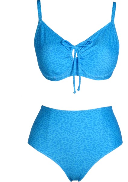 Kadın Balenli Destekli Büyük Beden Mavi Yüksek Bel Bikini Takımı