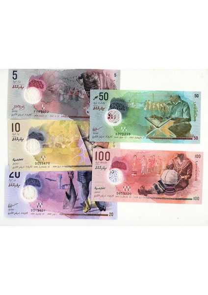 Maladıvler Maldives 5 Adet Polymer Çil Banknot Set
