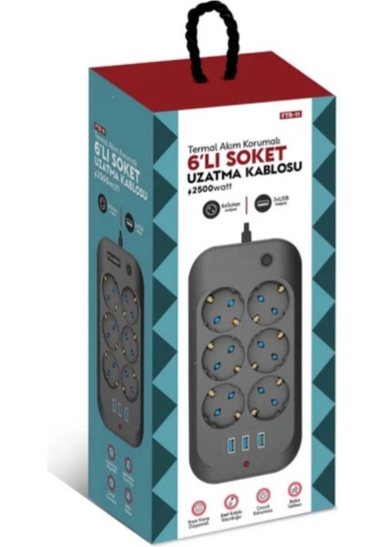 Termal Akım Korumalı, Çocuk Korumalı, 6’lı 2 mt Uzatma Kablosu 6 x Priz, 3 x USB