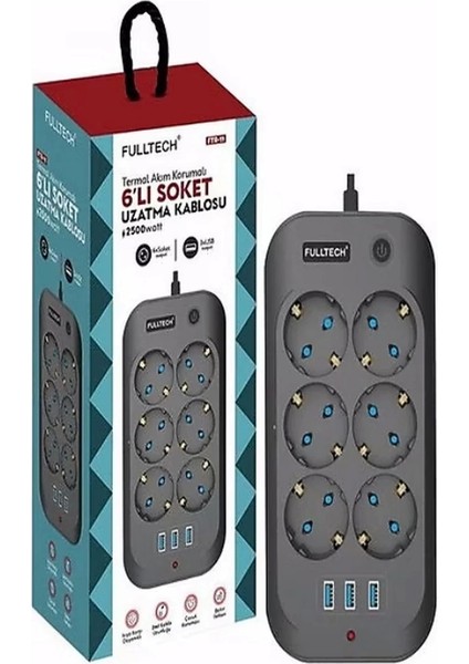 Termal Akım Korumalı, Çocuk Korumalı, 6’lı 2 mt Uzatma Kablosu 6 x Priz, 3 x USB