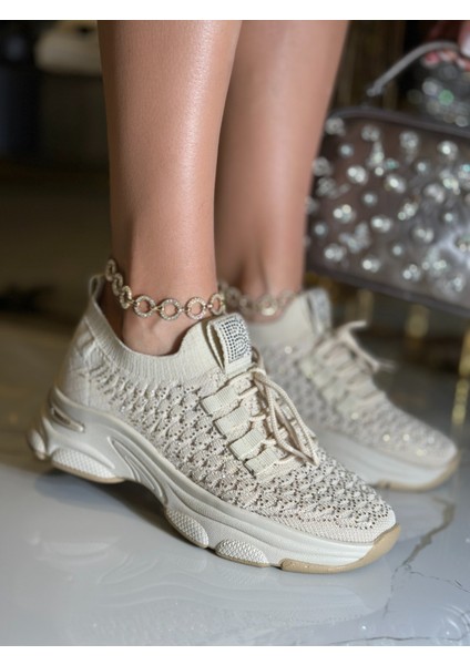Premium Kristal Taşlı Triko Spor Ayakkabı Bej modelleri