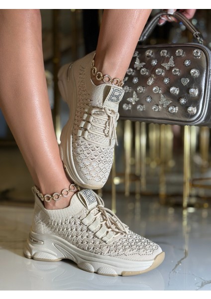 Premium Kristal Taşlı Triko Spor Ayakkabı Bej indirimleri