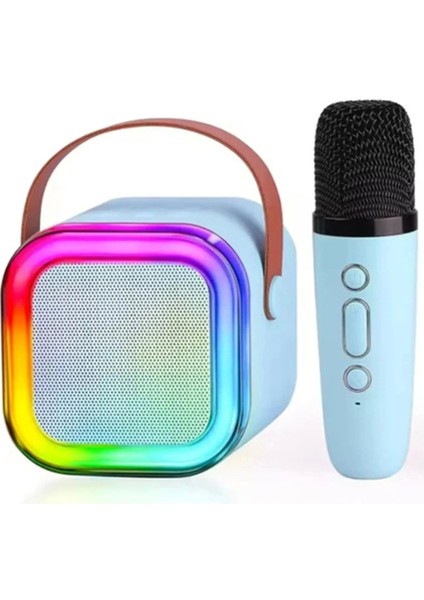 Karaoke Kablosuz Hoparlör Mikrofonlu Rgb Işıklı Bluetooth Speaker Tf Kart/usb Mavi