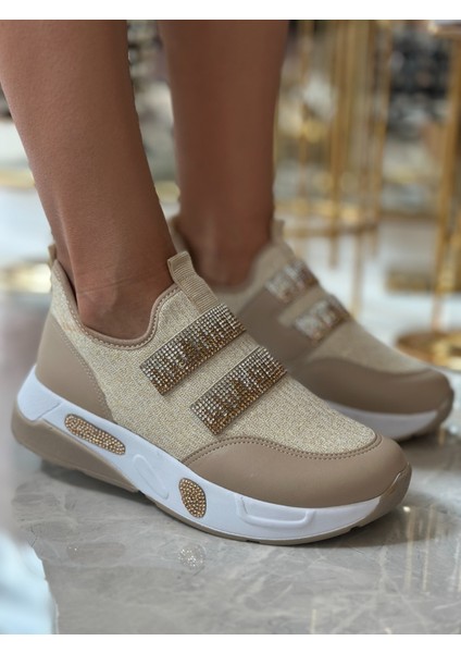 Iveko Kristal Taşlı Triko Spor Ayakkabı Bej