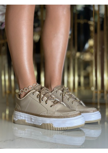 Afife Extreme Kristal Taşlı Spor Ayakkabı Bej