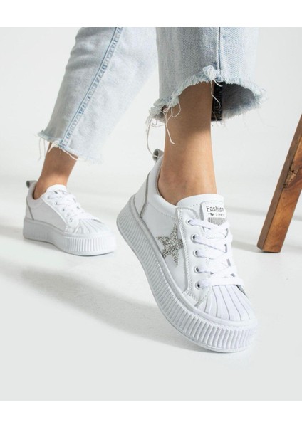 Qasi Kristal Taşlı Özel Tasarım Spor Ayakkabı Beyaz