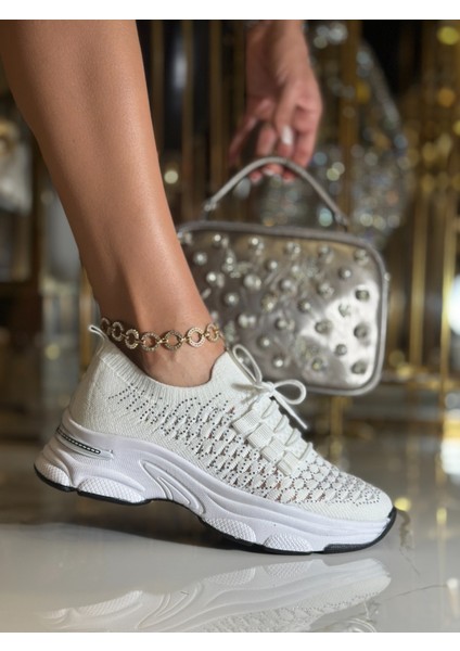 Premium Kristal Taşlı Triko Spor Ayakkabı Beyaz modelleri