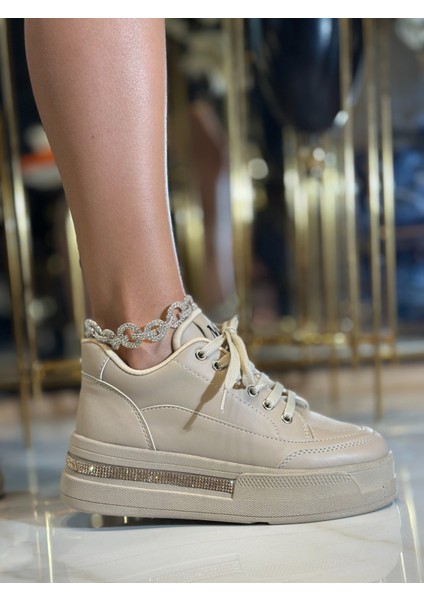 Core Kristal Taşlı Yüksek Tabanlı Spor Ayakkabı Bej