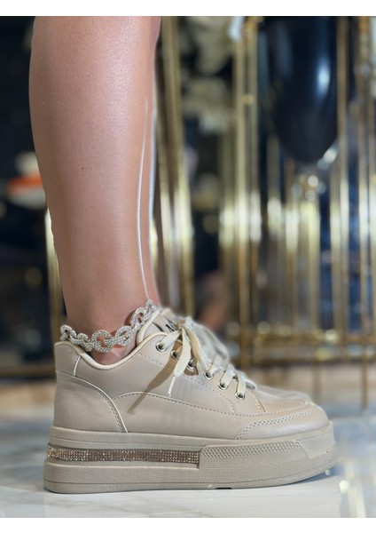 Core Kristal Taşlı Yüksek Tabanlı Spor Ayakkabı Bej modelleri