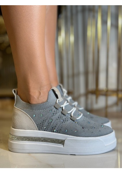 Napol Kristal Taşlı Gizli Topuk Triko Spor Ayakkabı Gri fiyatları