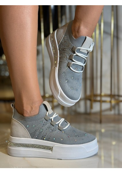 Napol Kristal Taşlı Gizli Topuk Triko Spor Ayakkabı Gri fırsatları