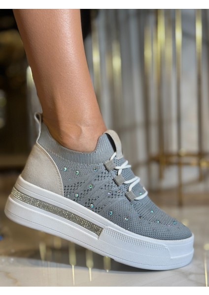 Napol Kristal Taşlı Gizli Topuk Triko Spor Ayakkabı Gri indirimleri