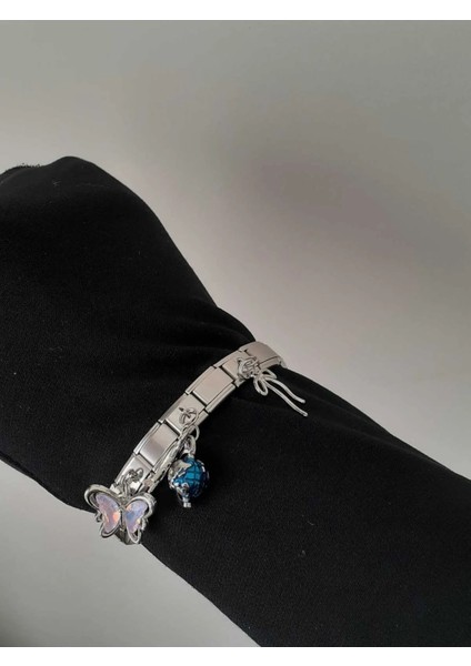Kelebek&fiyonk&dünya Uçak Üçlü Italyan Charm Çelik Bileklik