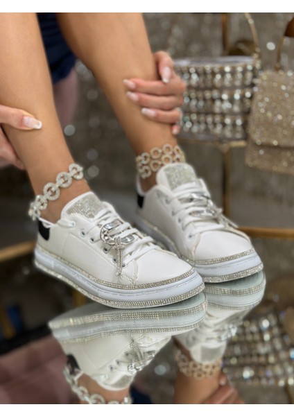 Palas Kristal Taşlı Özel Tasarım Spor Ayakkabı Beyaz Gümüş modelleri