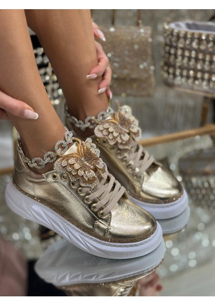 Joly Kristal Taşlı Özel Tasarım Spor Ayakkabı Gold
