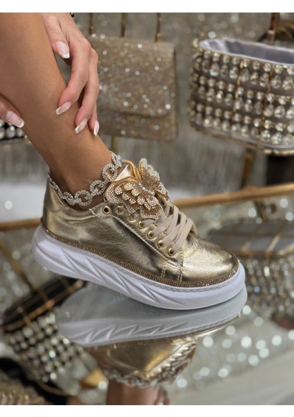 Joly Kristal Taşlı Özel Tasarım Spor Ayakkabı Gold modelleri