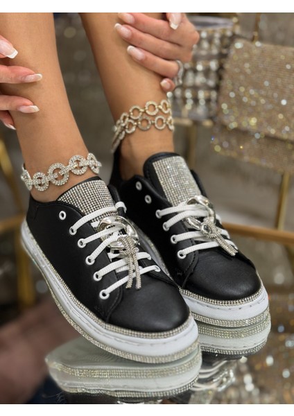 Palas Kristal Taşlı Özel Tasarım Spor Ayakkabı Siyah